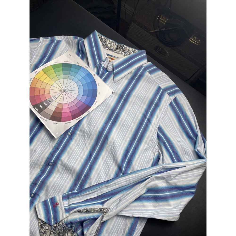 Robert Graham Shirt Large Blue Striped Classic Fit Flip Cuff Long Sleeve NICE